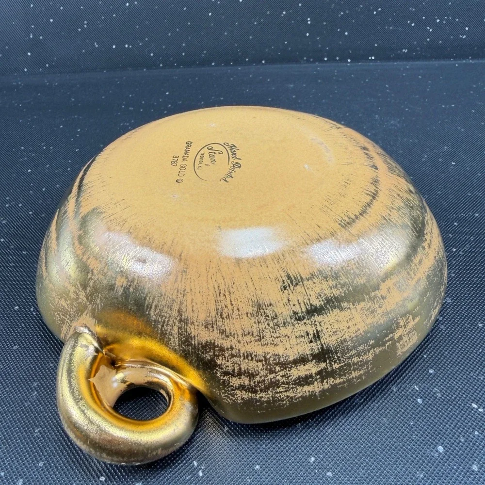 Stangl Pottery Granada Gold Hand Painted Ceramic Leaf Bowl Ring Handle 3787 7in